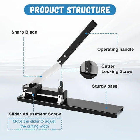Product structure of Open Slot Wire Duct Cutter Tool with details on sharp blade, operating handle, and cutter locking screw.