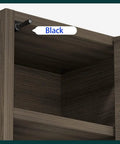 Real Deal Touch To Open Cabinet Hardware, black handle-free latch installed on wooden cabinet shelf.