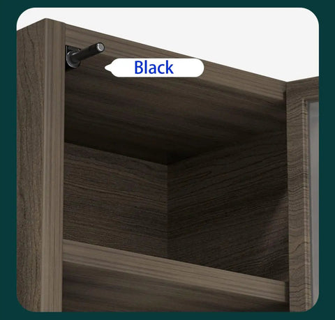 Real Deal Touch To Open Cabinet Hardware, black handle-free latch installed on wooden cabinet shelf.