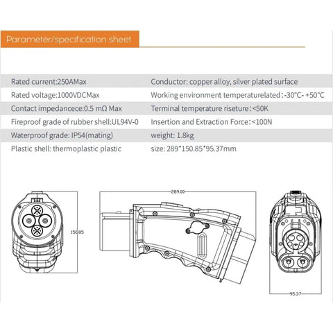 Road Ready CCS To CHAdeMO EV Fast Charging Adapter DC 1000V 250A specifications sheet detailing dimensions and material features.