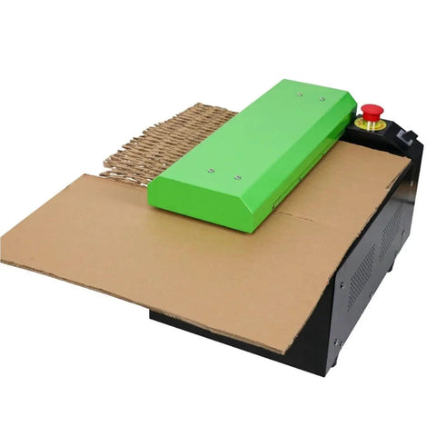 Eco Friendly Cardboard Cutter Paper Cutting Machine That Turns Waste Cardboard Into Cushioning Mesh For A Real Game Changer In Sustainable Packaging Compact And Easy To Use In Warehouses And Packaging Stations, green cutter feeding cardboard