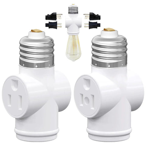 2 Pack Light Socket To Plug Adapter, E26 To 3 Prong Outlet And Light Bulb Socket Converter, white adapters for lamps and fixtures.