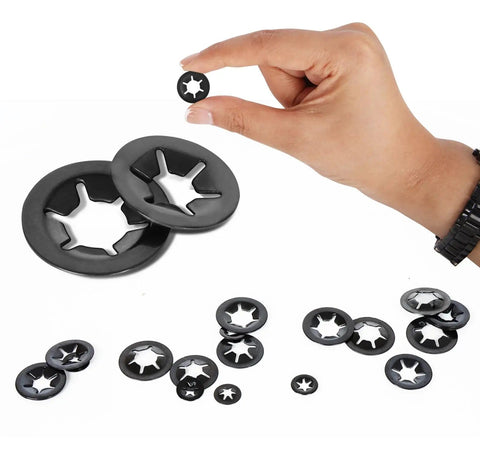 Hand holding 12mm Internal Tooth Star Lock Washers Push On Locking Washers Black Steel 65Mn, scattered washers on white background.