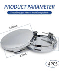 Rock Solid 4 Pack Silver Wheel Center Hub Covers featuring Zero Sweat Snap On Install and Rust Proof ABS Plastic, 2.36 inch diameter.