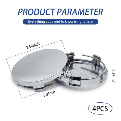 Rock Solid 4 Pack Silver Wheel Center Hub Covers featuring Zero Sweat Snap On Install and Rust Proof ABS Plastic, 2.36 inch diameter.