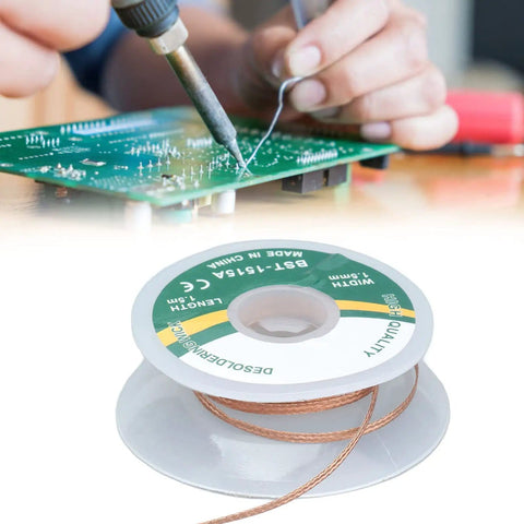 Person using Pro Grade Alloy Copper Desoldering Braid for electronics repair and PCB work, spool showing 1.5m length, 1.5mm width