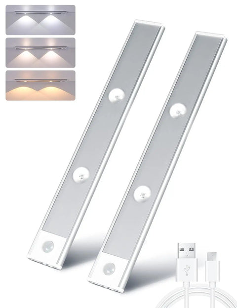 LED Under Cabinet Lights With Motion Sensor USB Rechargeable Night Light For Kitchen Closet Stairs Hallway Pantry Garage 11.8 Inch 2 Pack Easy Install Auto On When Motion Detected Low Profile Bright Yet Soft Accent Lighting showing cool and warm light modes