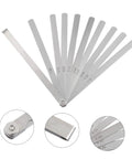 Hella Precise Dual Marked Thickness Gauge And Professional Feeler Gauge Set For Auto Repair And Woodworking With Imperial Measurements in a fan shape displaying steel blades.