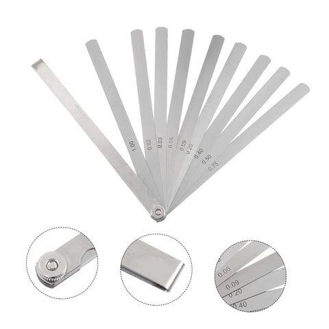 Hella Precise Dual Marked Thickness Gauge And Professional Feeler Gauge Set For Auto Repair And Woodworking With Imperial Measurements in a fan shape displaying steel blades.