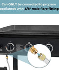 Six Foot Stainless Steel Braided Propane Regulator With Hose connected to grill with 3/8" male flare fittings