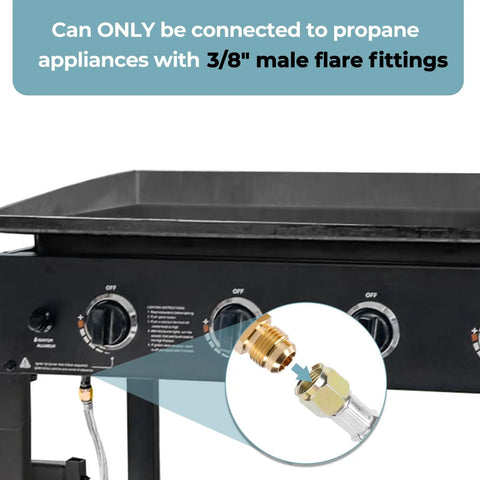 Six Foot Stainless Steel Braided Propane Regulator With Hose connected to grill with 3/8" male flare fittings