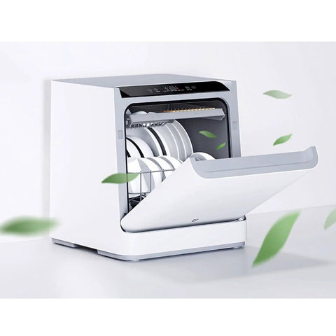 No Hookup Countertop Dishwasher That Sets Up In Minutes And Cranks Out Immaculate Loads Daily While Serving Up Sparkling Results With Fast High Temperature Wash And Dry Cycle with open door and clean dishes inside.