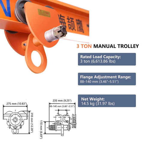 Industrial Workhorse Push Beam Hand Truck For Lifting And Transport, Steel Manual Load Tool, 2200 To 6600 Lb Capacity, Adjustable Flange Width 2.5 In To 5.5 In, Fits Straight And Curved I Beams, orange 3 ton manual trolley