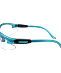 Side view of Cougar Womens Lab Safety Glasses With Turquoise Frames And Clear Lenses, Shatterproof Polycarbonate Lenses, Adjustable Nose Pads.