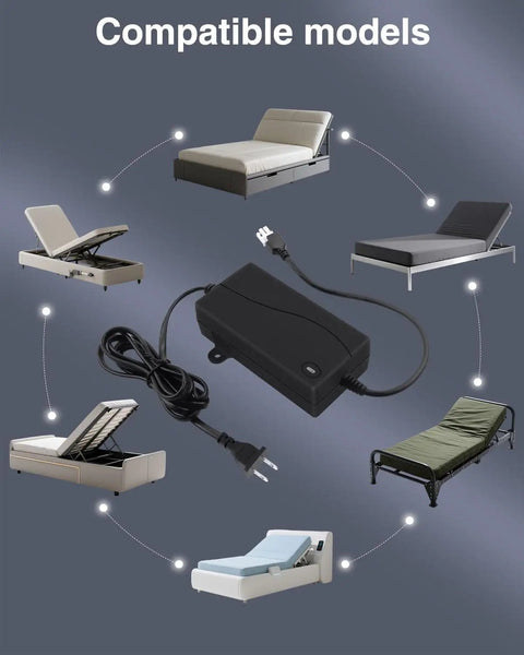 29V 2A Standing Desk Power Cord And 58W Switching Power Supply For Adjustable Beds And Electric Lift Chairs Replacement Cord For Your Height Adjustable Desks Universal 100 To 240V Input shown with compatible bed models.