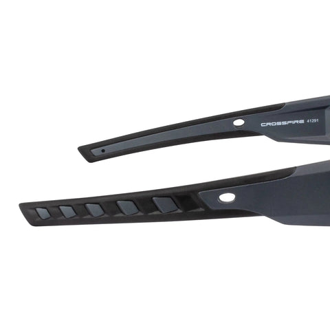 Crossfire Cumulus Premium Safety Eyewear With Aluminum Gray Frame And Smoke Lenses detail of rubber nose piece and frame structure for durability