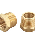 Two Beefy 3/8 Inch Male To 1/4 Inch Female NPT Brass Hex Bushing Reducing Adapters for connecting pipe sizes, front view