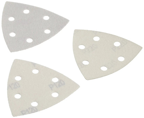 Three triangle sanding pads from Sandpaper Assortment Kit With Hook And Loop Triangle Pads 12 Pack Universal Fit For All Brands Pro Grade