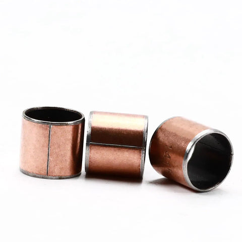 Three Piece Self Lubricating Oilless Bushing Sleeve Bearing 0.55 Inch Bore 0.62 Inch Outside Diameter 0.59 Inch Length Carbon Steel Sintered Bronze Plain Bearing in a close-up view.