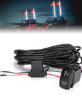 Whip Lights Rocker Switch With Wiring Harness Kit for 12V UTV ATV, 10A Blade Fuse, shown with long cable and connectors.