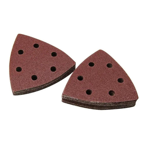 Fresh 20PC Triangular Sanding Discs With 6 Hole Hook And Loop Design For Smooth Woodworking and DIY Projects. Two triangular sanding discs displayed.