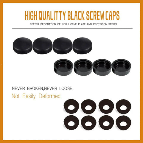 Black Heavy Duty Anti Theft License Plate Screws Kit Set For Car Tag Mounting, rustproof screw caps and washers displayed