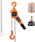 1 Ton Lever Chain Hoist With 10 Ft Lift G80 Chain Dual Pawl Mechanical Brake 360 Degree Hooks shown with gear detail and 1T weight block
