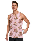 Mens Pink Sleeveless Tank Top With Concealed Pocket And Bold Mechanical Lizard Clock Graphics And Moisture Wicking Mesh Athletic Tee on model.