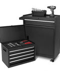 Heavy Duty Metal Tool Cabinet With Five Smooth Glide Drawers And Flexible Modular Shelves For Tough Shop Organization And Weekend Warrior Garage Storage Setup, with open drawer and tools visible.