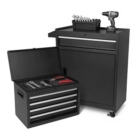 Heavy Duty Five Drawer Rolling Tool Chest With Spacious Storage Cabinet On Four Smooth Rollin Casters, featuring tools and drill.