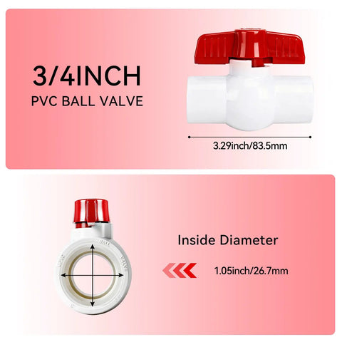 Ten Pack Three Quarters Inch PVC Ball Valves With T Handle SCH40 Threaded NPT Water Shut Off Control Valve dimensions