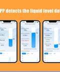 Smart WiFi Water Level Sensor For Tanks With Remote Tuya Smart Life App Alerts, app display showing liquid levels on phone screens