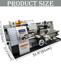 Precision 8X16 Metal Bench Lathe Featuring Auto Metric To Inch Thread Switching 1100W Brushless Motor with product dimensions 31.9x17.3x13.2 inches.