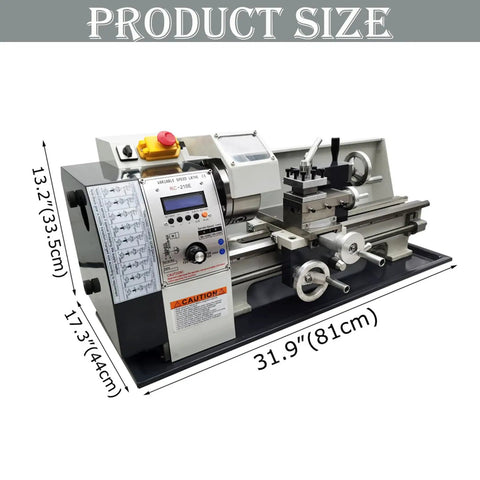Precision 8X16 Metal Bench Lathe Featuring Auto Metric To Inch Thread Switching 1100W Brushless Motor with product dimensions 31.9x17.3x13.2 inches.