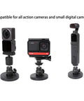 Super Dope Magnetic Camera Mount Snaps On Tight For GoPro Hero Insta360 And DJI Action Cameras Featuring Versatile Quarter Inch Thread Adapter Plate, showcasing three cameras on mounts.