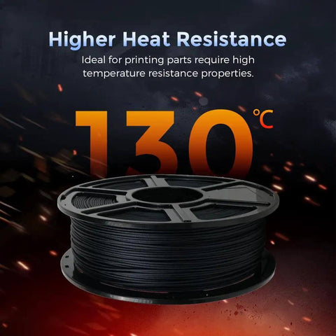 Carbon Fiber PETG 3D Printer Filament 1.75mm, 1kg Spool Black, showing high heat resistance up to 130 degrees Celsius; ideal for precise prints.