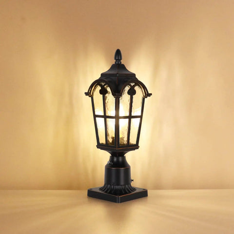 Hardwired 120V Dusk To Dawn Outdoor Post Light Black Roman Aluminum Pole Lamp with pier mount base illuminated indoors.