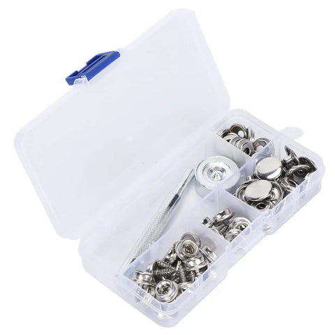 Stainless Steel Self Tapping Snap Button Kit With 62 Pieces Fasteners For Home Furniture Fixing Includes 20 Top Fasteners 20 Female Buckles 20 Male Buckles Mounting Rod And Durable Base Tool For Pro Grade DIY Projects in case