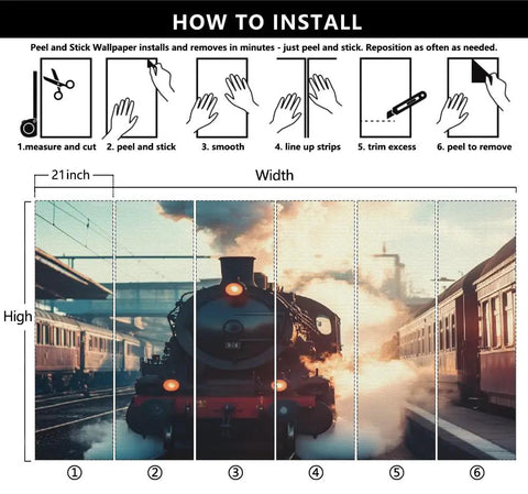 Self-Adhesive Train Wall Mural With Realistic Steam Locomotive, Huge 157.5 X 110.3 Inch Size, 3D Depth Embossed Texture installation