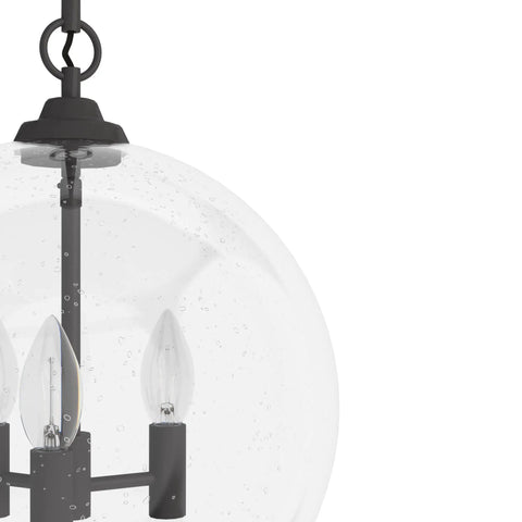 Close-up of High Oaks 3-Light Noble Bronze Pendant Light with dimmable fixture, featuring dope globe seeded glass shades.