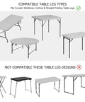Heavy Duty 4 Piece Foldable Table Leg Extenders Adjustable Height Riser Kit With Two Quick Rise Settings For Camping And Crafting Easy As Pie Setup image showing compatible and incompatible table leg types.