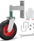 Beefed Up 8 Inch Heavy Duty Gate Wheel Kit For Wooden And Metal Tube Gates Supports Up To 700 Lbs Spring Loaded 360 Degree Rotating Caster Red Gate Caster Wheel Set, includes red wheel, bracket, gloves, and bolts.