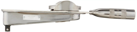 Pro Grade 3/8 Inch Drive Dial Type Torque Wrench With Memory Pointer, 150 Lb-In Torque, Torsion Bar Design For Maximum Accuracy, Dial Readout Unaffected By Hand Position, Works In Clockwise And Counterclockwise. Dial torque wrench side view, chrome metal body
