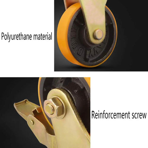 Close-up of Top Shelf Heavy Duty Cast Iron Caster Wheels With Firm Locking Brakes showing polyurethane material and reinforcement screw.