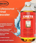 Commercial Grade Urinal Drain Cleaner Descaler and Deodorizer for Restrooms, 32 Fl Oz bottle next to toilet, labeled for uric acid removal