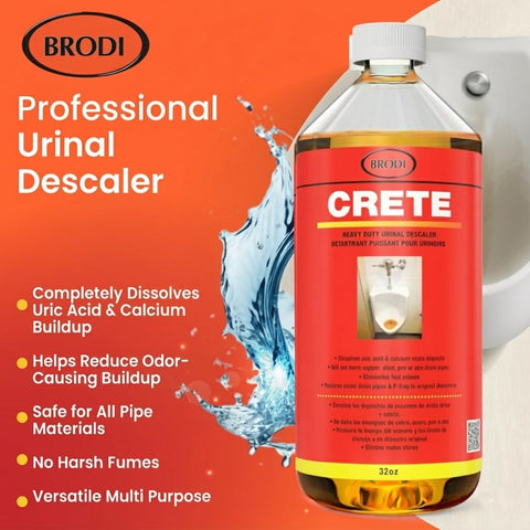 Commercial Grade Urinal Drain Cleaner Descaler and Deodorizer for Restrooms, 32 Fl Oz bottle next to toilet, labeled for uric acid removal