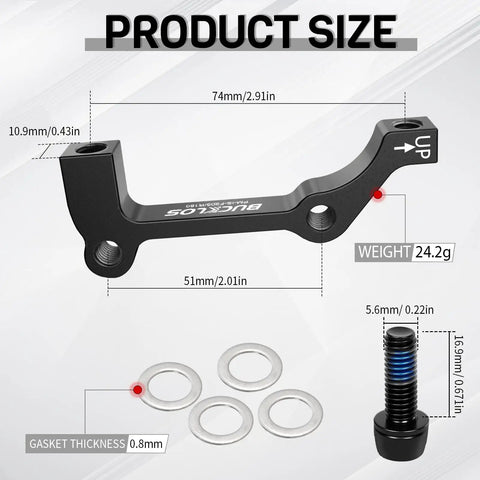 Disc Brake Caliper Mount Adapter IS To PM Front 160 To 203mm And Rear 160 To 180mm CNC Machined Aluminum with bolts, dimensions shown