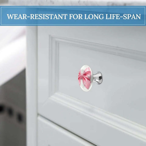 Pink Bow Cabinet Knobs 2 Pack Stainless Steel Drawer Pulls And Dresser Knobs for Kitchen Close-Up on White Cabinet