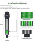 Dual Channel UHF Wireless Microphone System with True Diversity, metal handheld mic with battery indicator and frequency display.