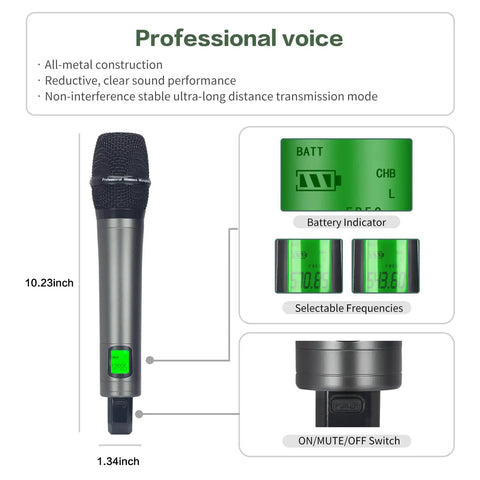 Dual Channel UHF Wireless Microphone System with True Diversity, metal handheld mic with battery indicator and frequency display.
